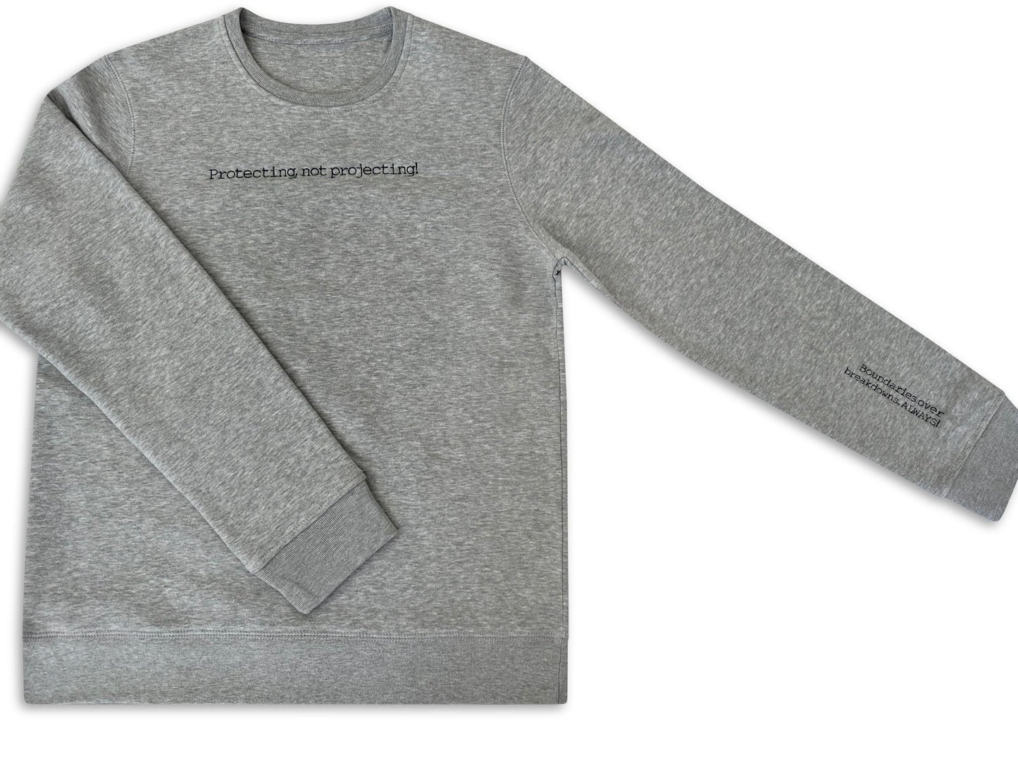 Gray sweatshirt with text on a white background. Brisbane work logo embroidery. No MOQ