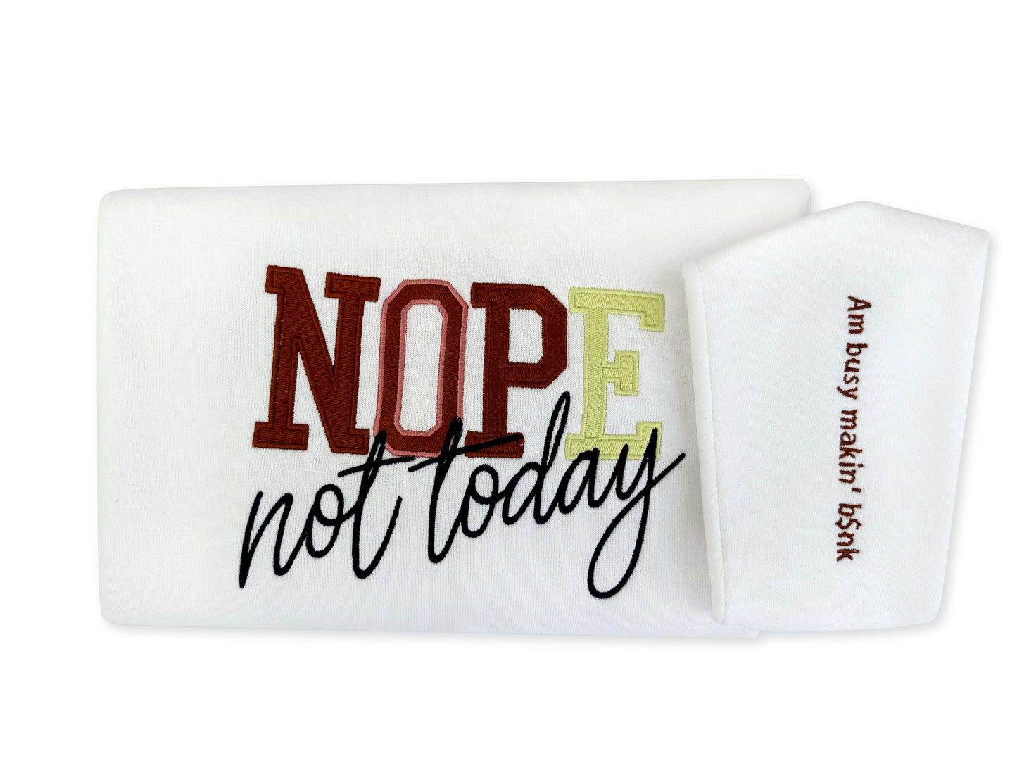 White towel with text 'Not today' and 'Nope' printed on it, on a white background. custom-branded embroidery
no minimum order embroidery
free logo setup apparel
personalized business embroidery
family-owned custom embroidery shop