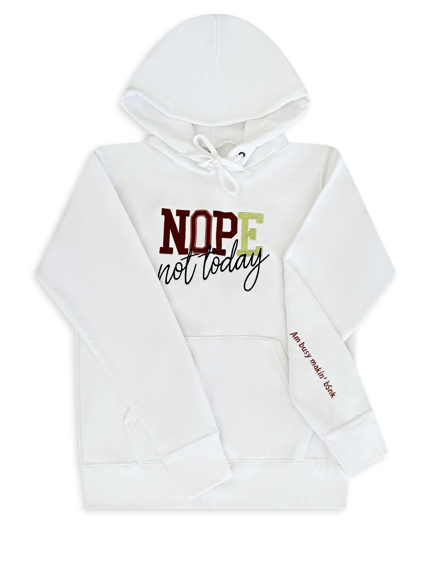 White hoodie with 'NOPE not today' text on a white background. custom-branded embroidery
no minimum order embroidery
free logo setup apparel
personalized business embroidery
family-owned custom embroidery shop