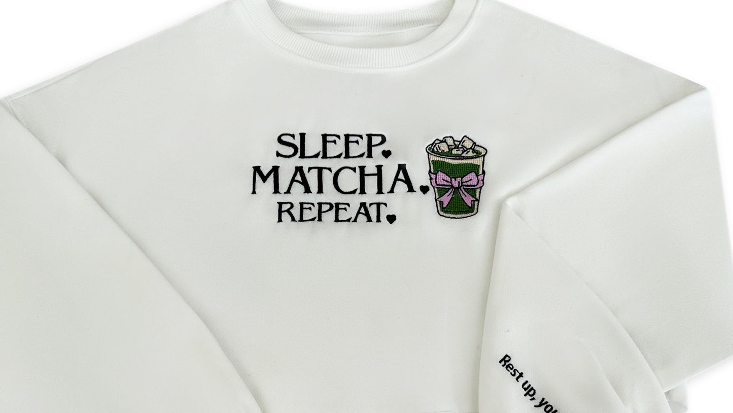 White t-shirt with 'Sleep. Matcha. Repeat.' text and matcha cup graphic on a white background. Crop top. Temu , shein