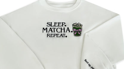 White t-shirt with 'Sleep. Matcha. Repeat.' text and matcha cup graphic on a white background. Crop top. Temu , shein