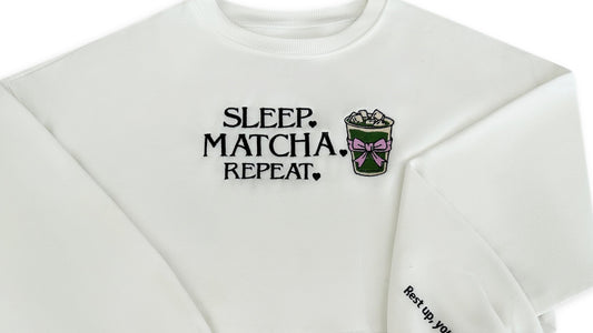 White t-shirt with 'Sleep. Matcha. Repeat.' text and matcha cup graphic on a white background. Crop top. Temu , shein