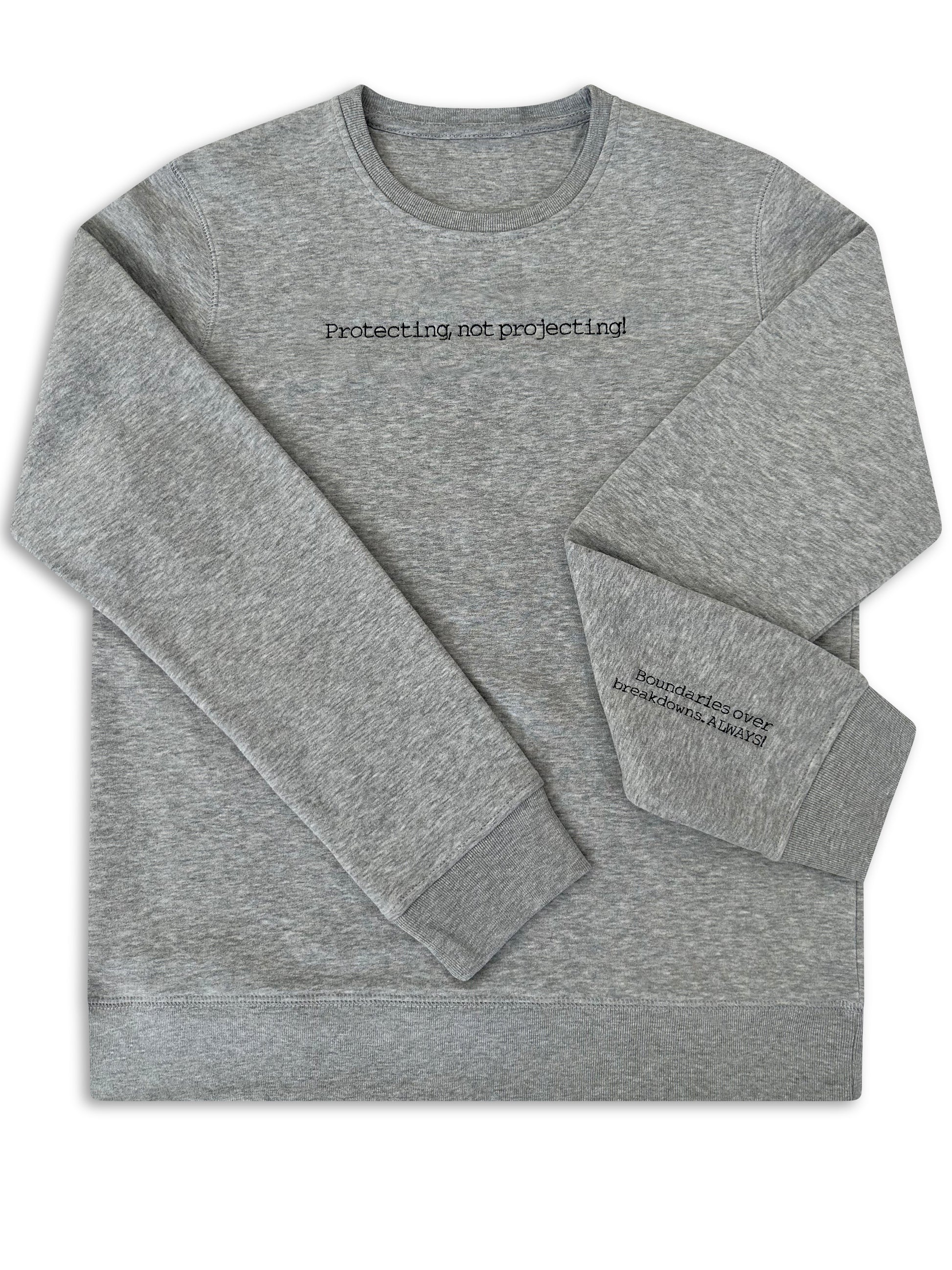 Gray sweatshirt with text on a white background. logo embroidery for businesses