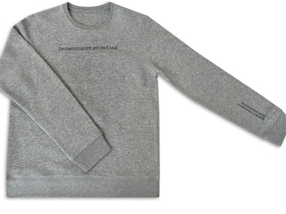 Gray sweatshirt with text on a white background. Brisbane work logo embroidery. No MOQ