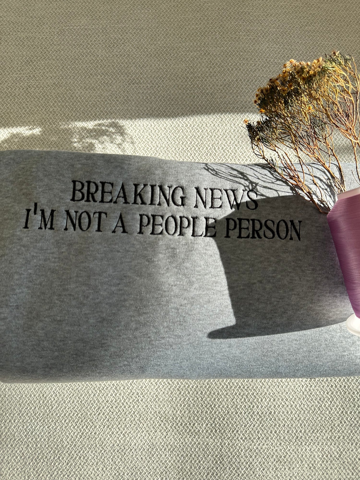 Text 'BREAKING NEWS I'M NOT A PEOPLE PERSON' on a gray surface with a plant in the background. Brisbane embroidery