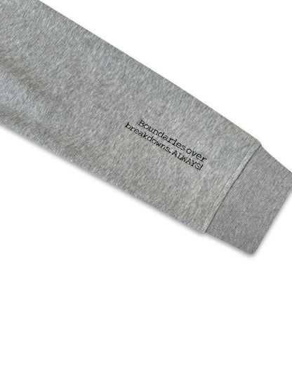 Gray sweatshirt sleeve with text on a white background. inclusive sizes embroidered apparel
oversized unisex embroidered hoodies
mental health message clothing
worldwide shipping embroidered garments
empowering embroidered clothing
fleece