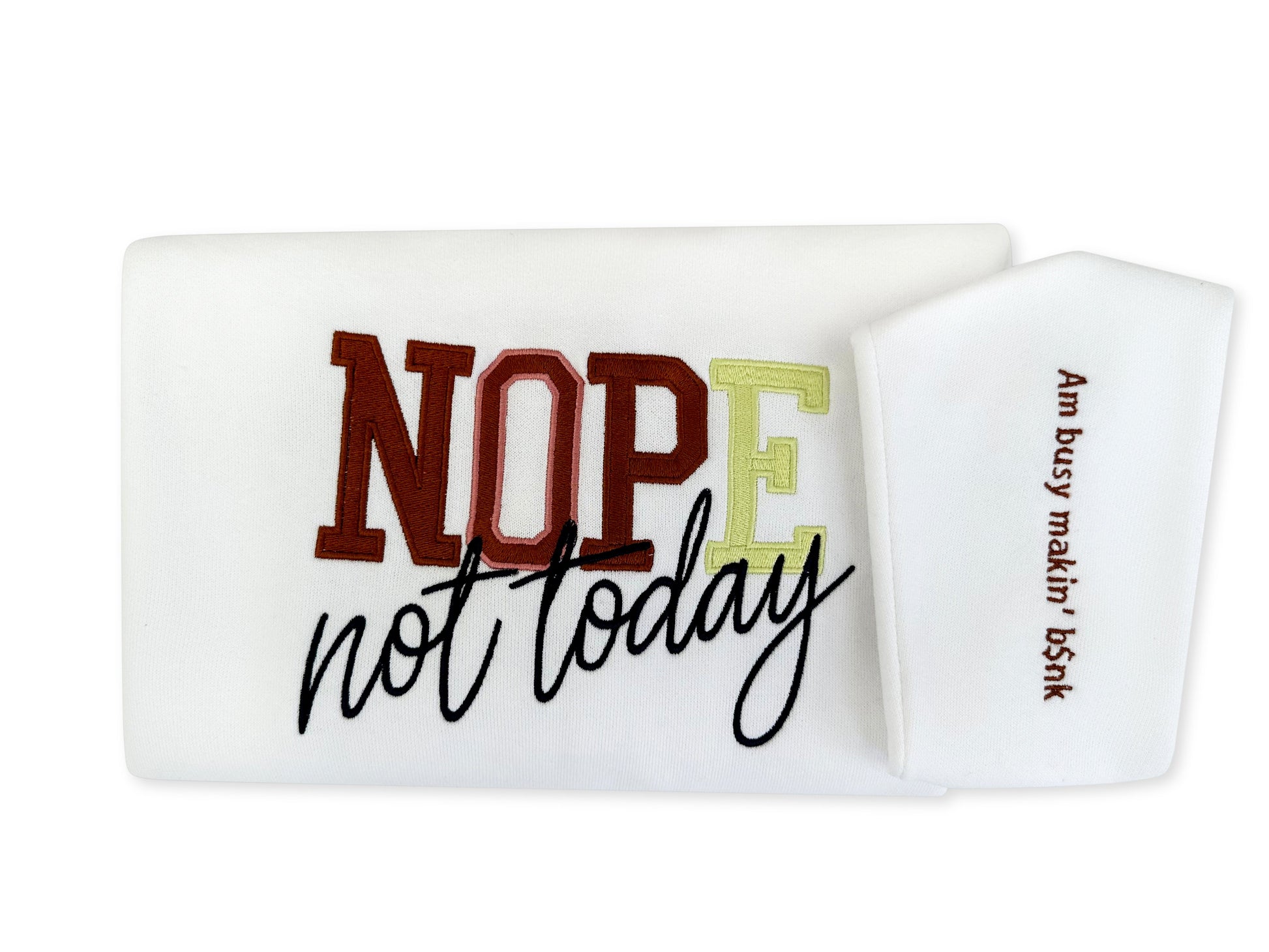 White towel with text 'Not today' and 'Nope' printed on it, on a white background. custom-branded embroidery
no minimum order embroidery
free logo setup apparel
personalized business embroidery
family-owned custom embroidery shop