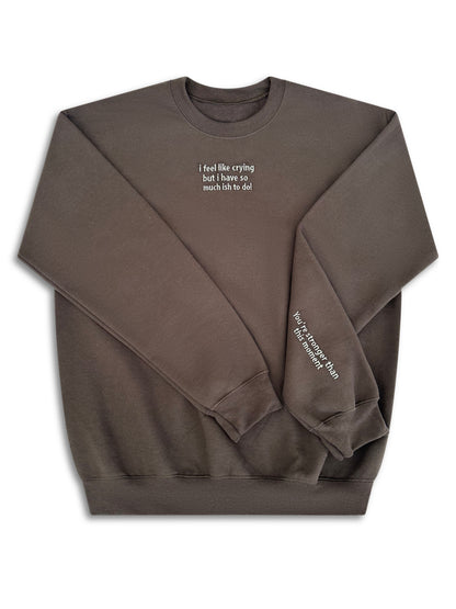 Brown sweatshirt with text on a white background. handcrafted embroidered apparel
cozy embroidered crewnecks
unique embroidered accessories
bookish embroidery designs
pet-themed embroidered tees
made-to-order embroidered gifts